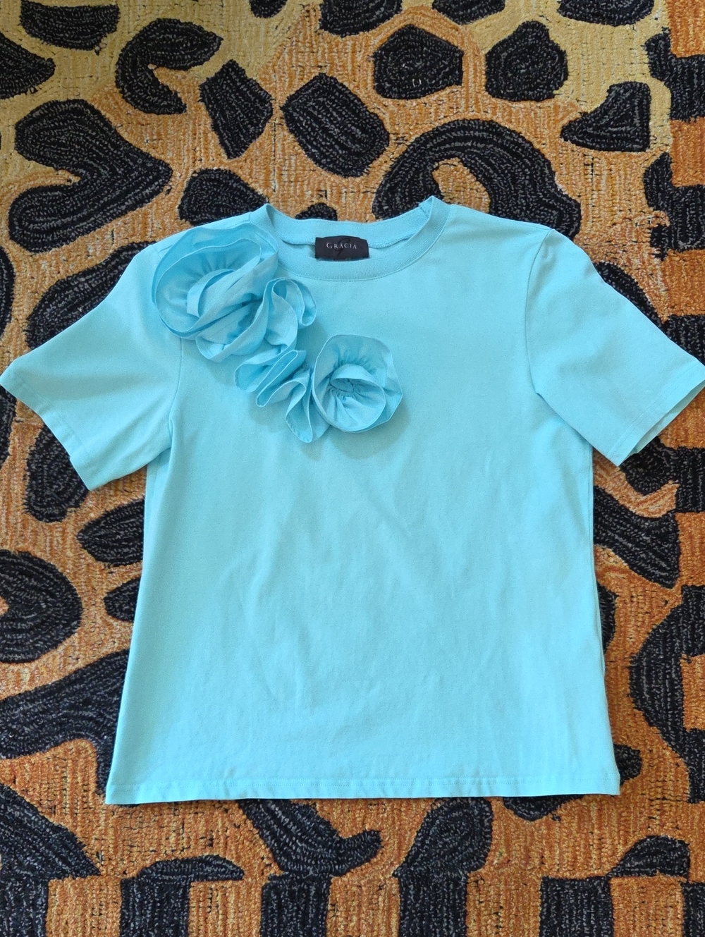 Gracia Aqua Blue Short Sleeve Floral Appliqué Tee